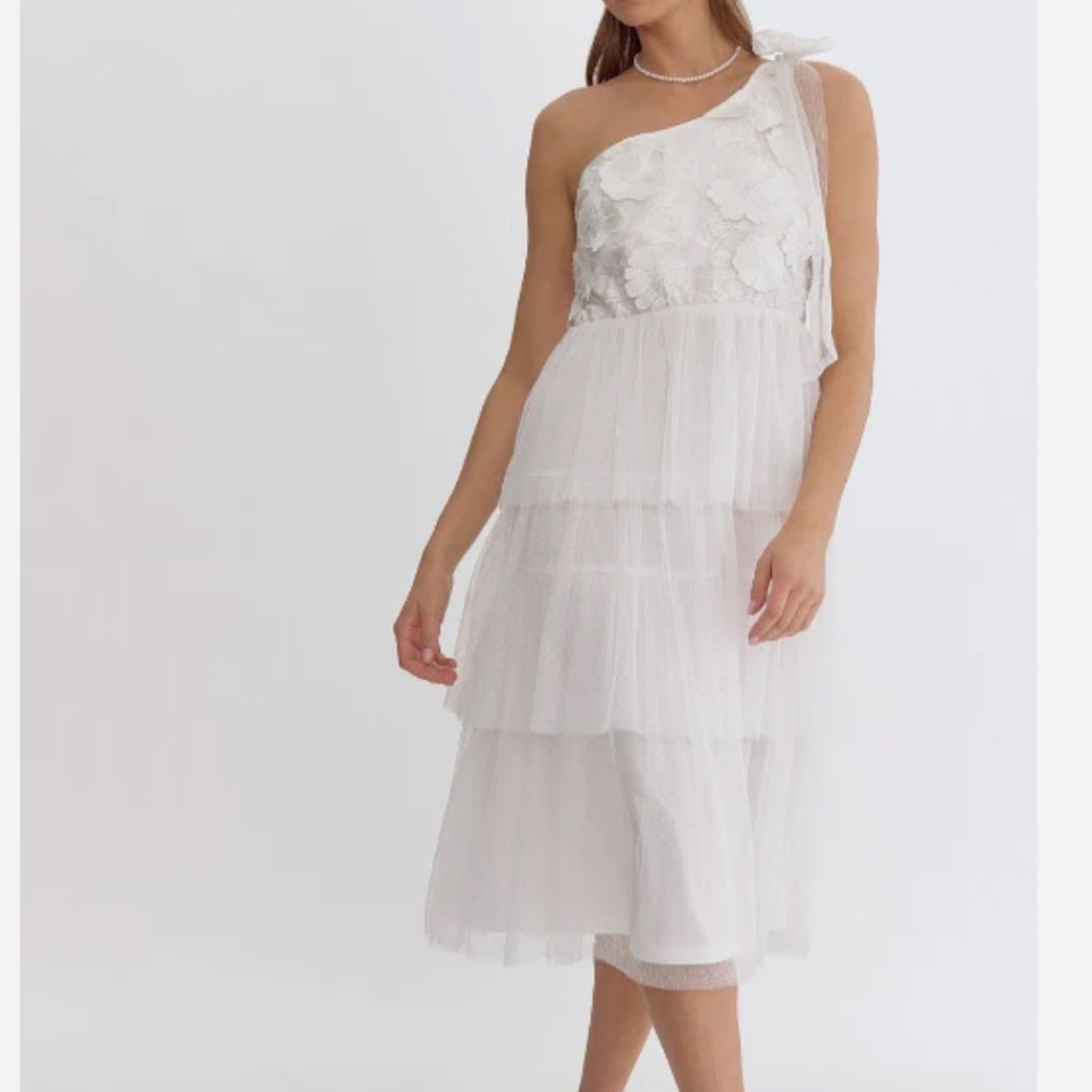NEW white tulle floral appliqué bow one shoulder formal gown dress